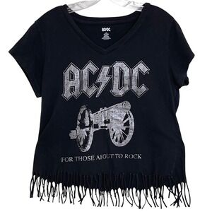 AC/DC Women Crop T-Shirt L Black For Those About To Rock Fringe Graphic Band Tee